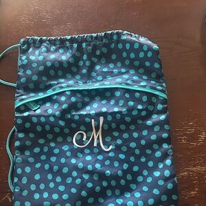 Thirty-One Blue and Teal Polka Dot Drawstring Bag